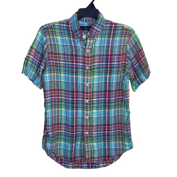 Ralph Lauren Linen Button Down Short Sleeve Plaid Shirt Mens Medium Green red - Picture 1 of 8